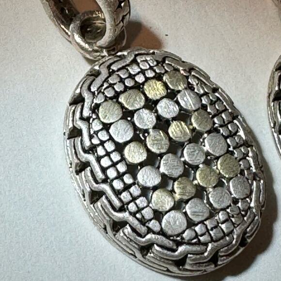 Silver Two-Tone Textured Drop Earrings Artisan Design 0.7" Round Fashion Jewelry - Picture 2 of 5